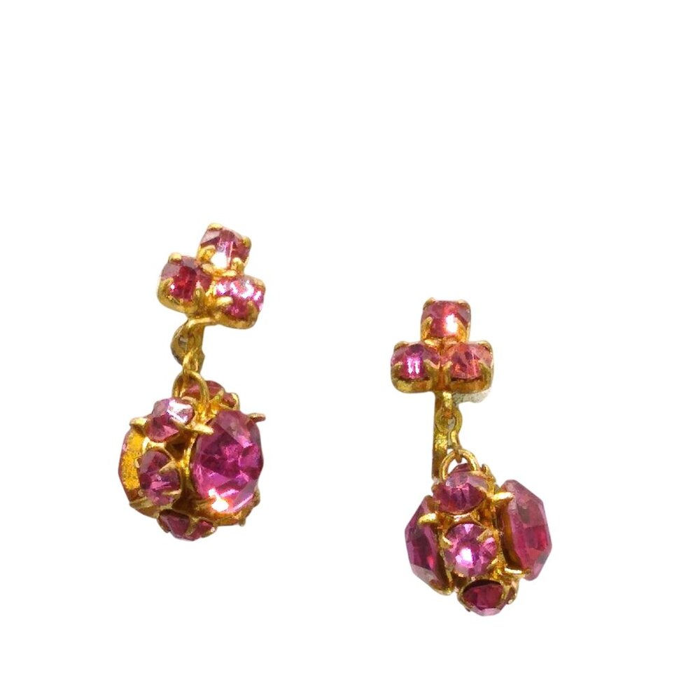 Vintage Czech Crystal Bead Drop Earrings, Perfect Pink Encrusted Dangles, Gold